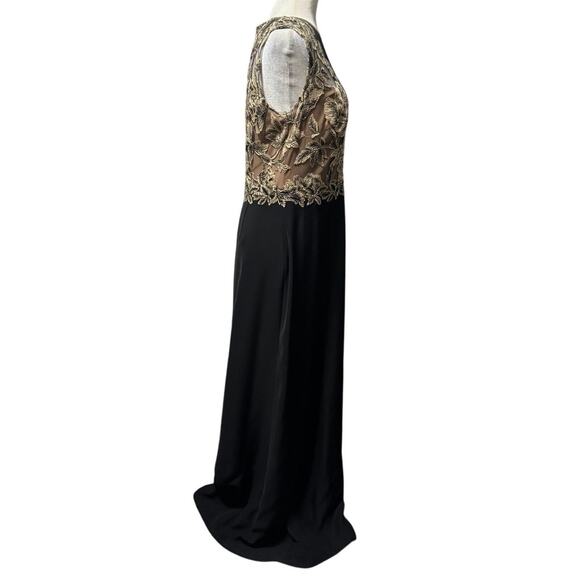 Tadashi Shoji Amel Evening Gown Black & Gold Embroidered Mesh Illusion Size 10 - Picture 3 of 8